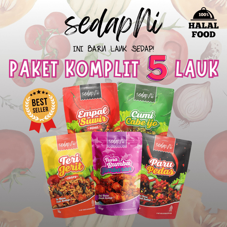 

SedapNi - Paket Komplit 5 Lauk (Empal Suwir+Cumi Cabe Ijo+Teri Jerit+Tuna Bumbu Jimbaran+Paru Pedas)
