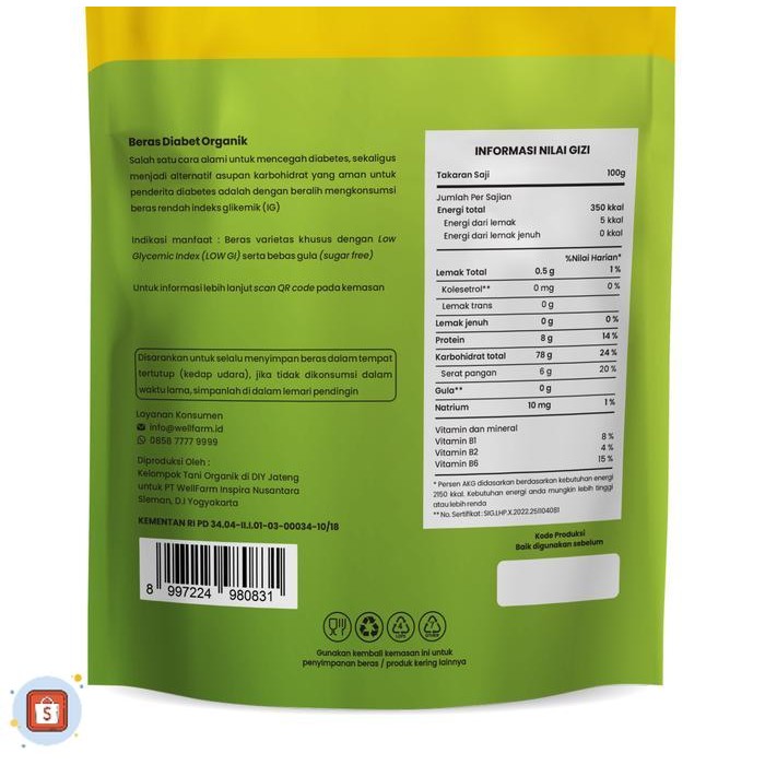 

terlaris Wellfarm Beras Diabetes I Diabet Organik 1 kg - vakum