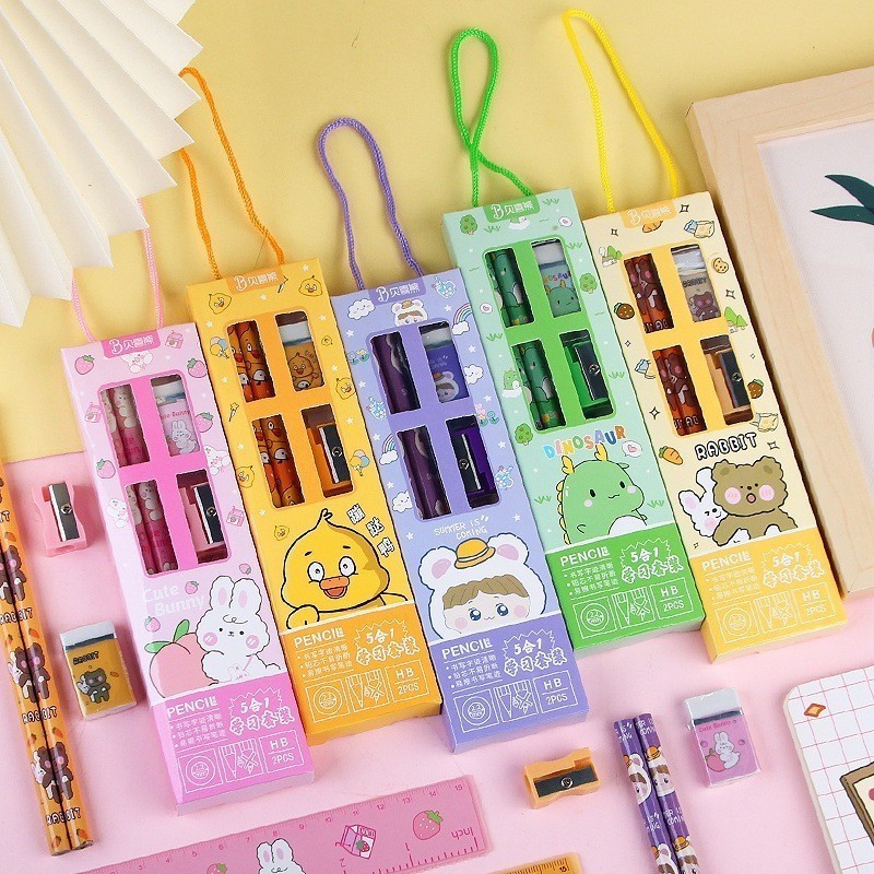 

MCC Stationery Set 5 in 1 Alat Tulis Anak Sekolah Penghapus penggaris Pensil Serutan Karakter Lucu Set Alat Tulis Anak Motif Kartun