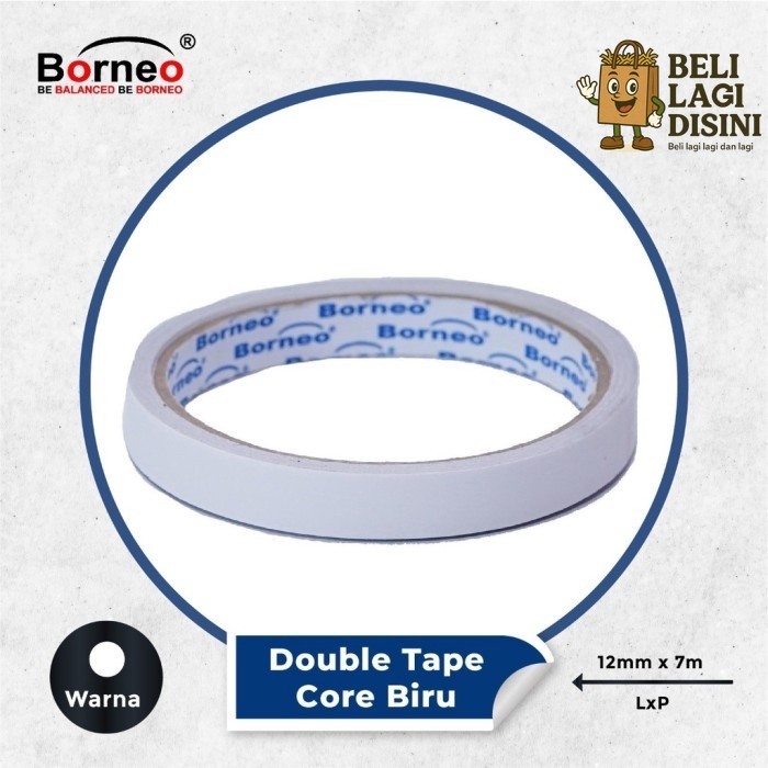 

DOUBLE TAPE BORNEO 12mm x 7mm CORE BIRU / SOLASI ISOLASI BOLAK BALIK 1/2 INCH LAKBAN SELOTIP DOUBLETAPE