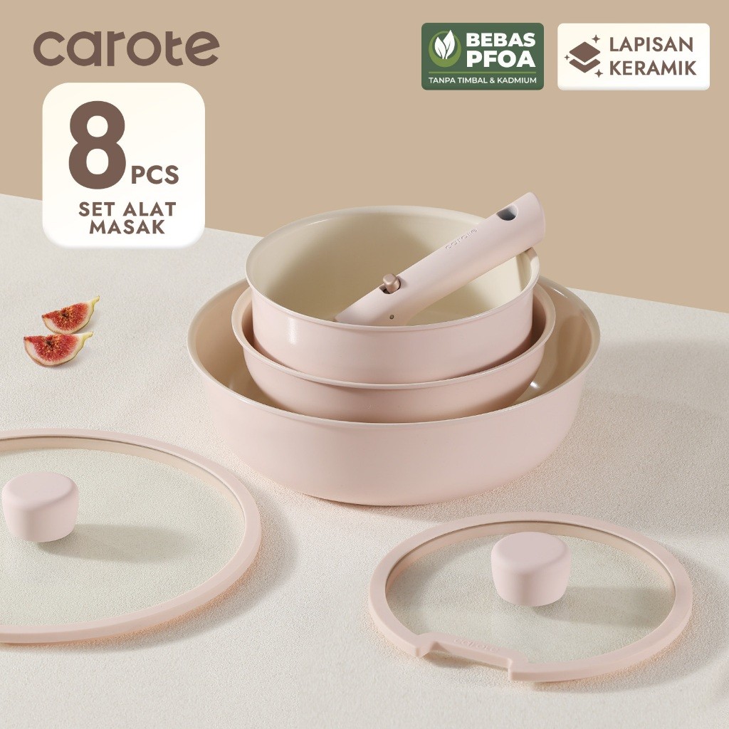 CAROTE Peralatan Masak Set 8 PCS Dengan Gagang Lepas Pasang Memudahkan Penyimpanan Lapisan Keramik C