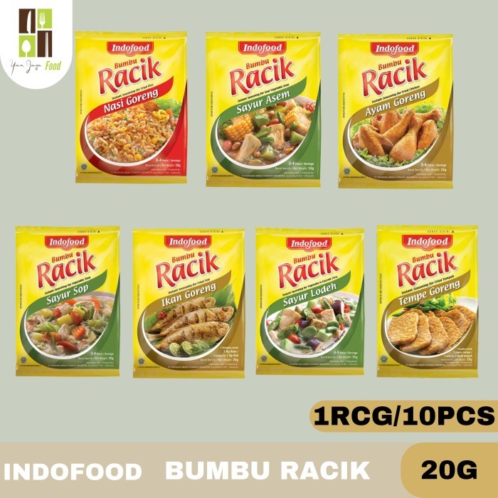 

Indofood Bumbu Racik 20g - 1 RCG/10PCS / Nasi Goreng / Ayam Goreng / Sayur Lodeh / Sayur Sop / Sayur Asem / Ikan Goreng / Tempe Goreng