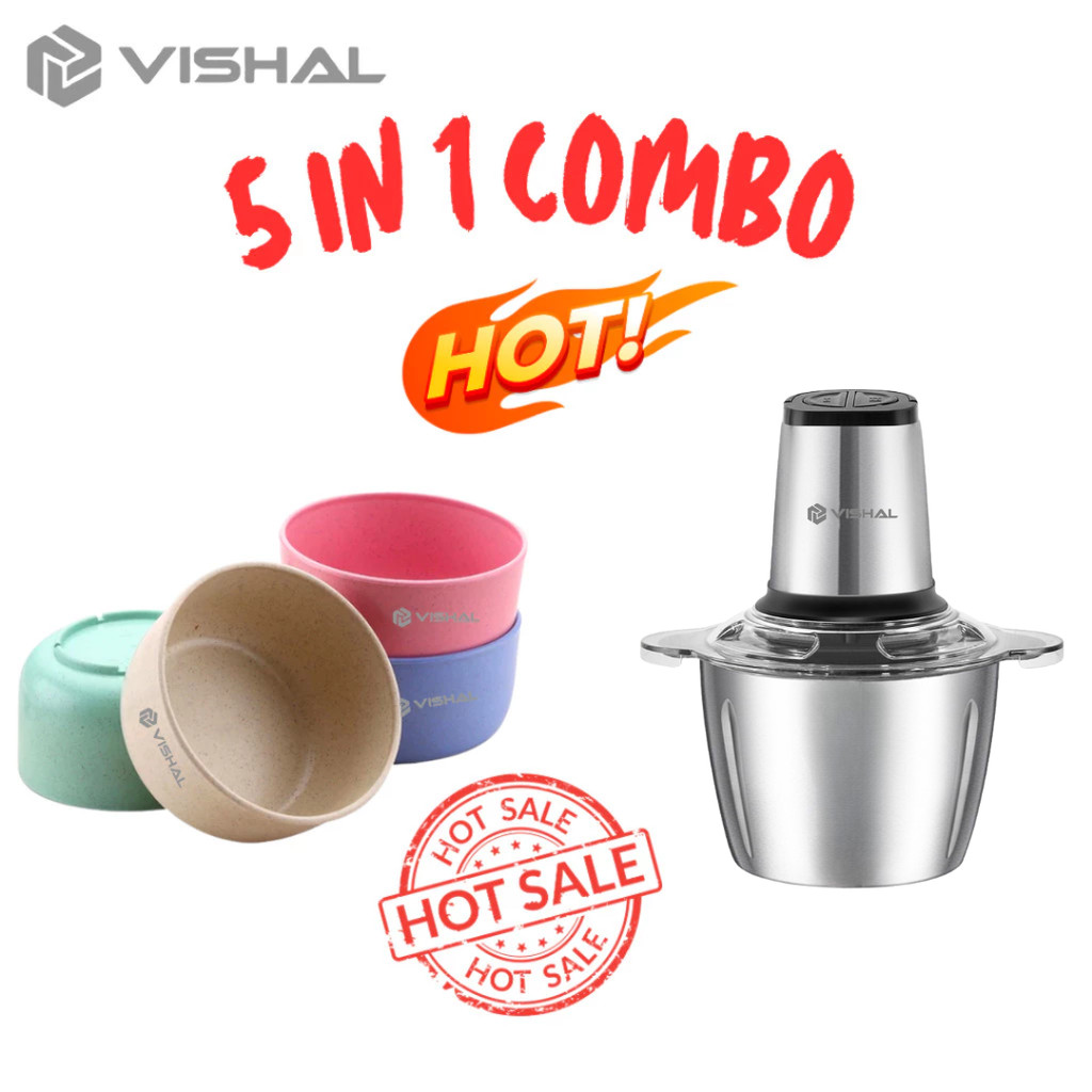 VISHAL Paket Combo 2in1 Set 4 Pcs Mangkok Bulat Jerami+Blender Daging Mesin Penggiling Daging Sayur 