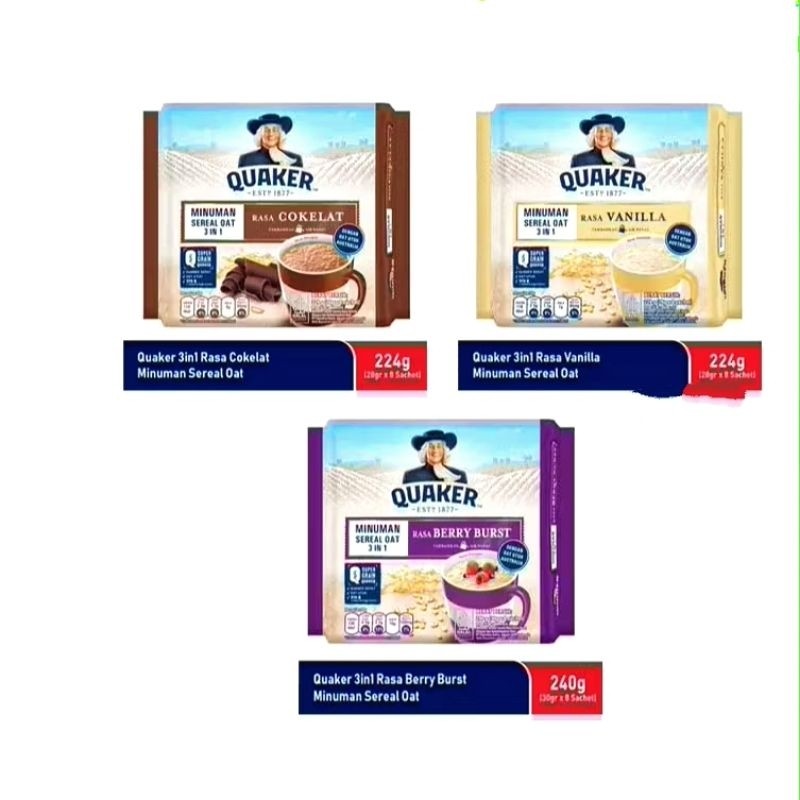 

Quaker 3 in 1 minuman cereal oat coklat / berry burst / vanila 224 gram (28 gram x 8 sachet ) - ARM