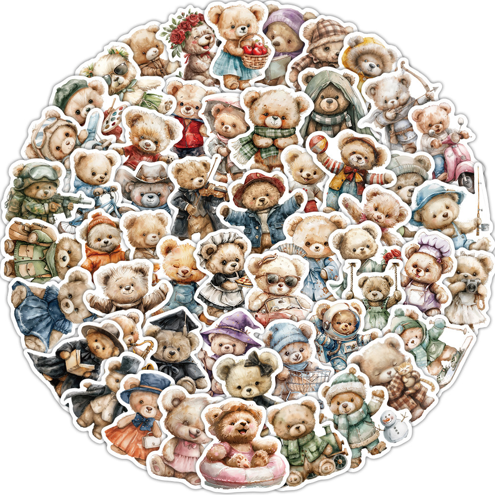 

55PCS Cute Teddy Bear Stickers Scrapbooking Collage Material Classic Children's Stickers Phone Cases Skateboarding Stickers