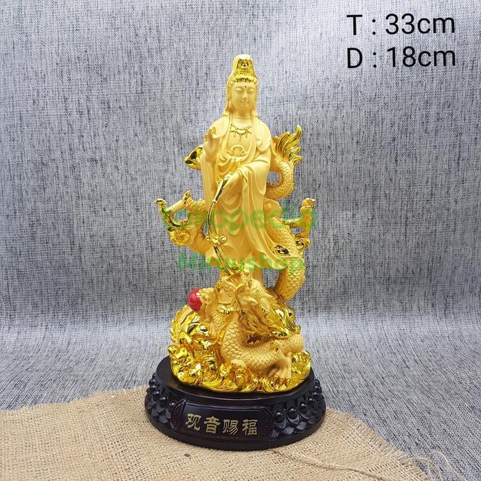 Patung Dewi Kwan Im Naga warna emas K13