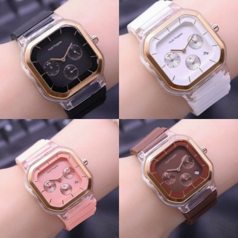 JAM TANGAN ANALOG WANITA PRIA KEKINIAN TERBARU HUSH PUPPIES CRONO 3//RUBBER PERSEGI CRONO DETIK•TANG