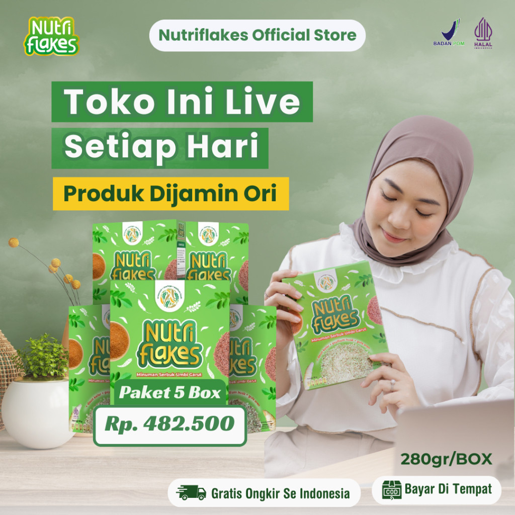 

Nutriflakes 100% Original Sereal Umbi Garut Membantu Meredakan Asam Lambung Paket 5 Box