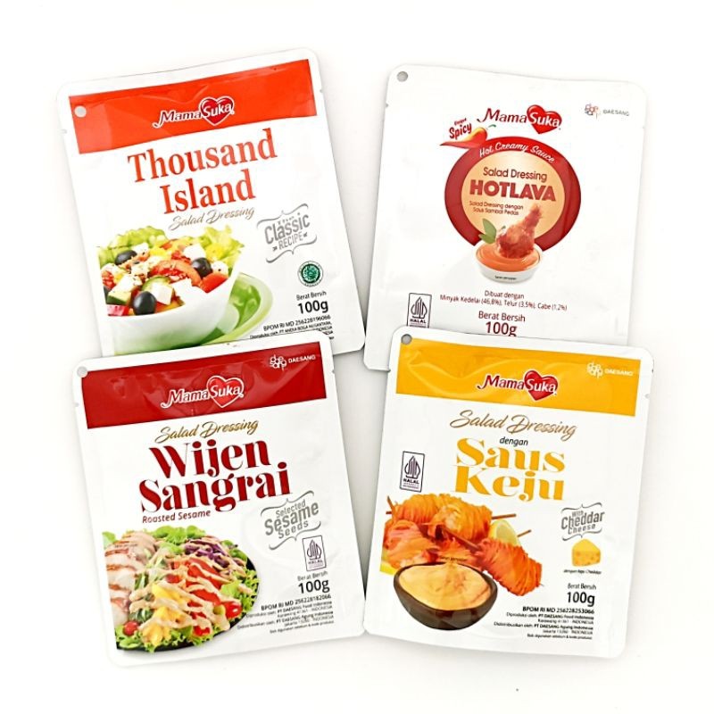 

Mamasuka Saus Salad Dressing, , Keju, Thousand Island, Hot Lava, Wijen Sangrai 100gr
