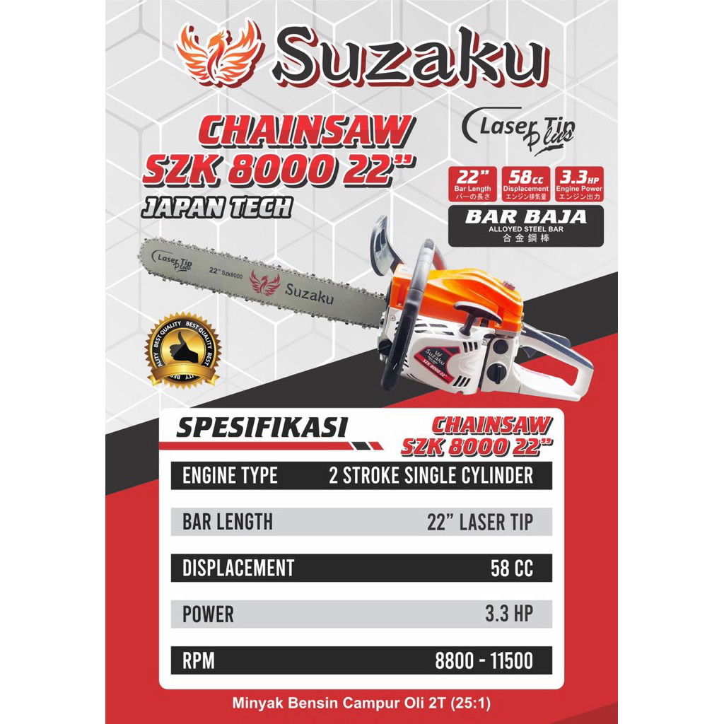 MESIN GERGAJI KAYU CHAINSAW MINI SUZAKU SZK 8000 22” KOMPLIT BAR BAJA 58cc SENSO SINSO MINI TERMURAH