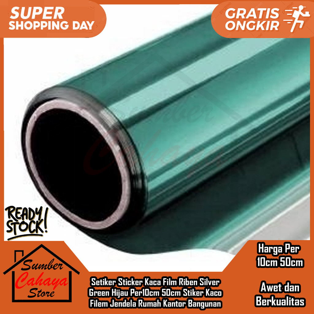 Setiker Sticker Kaca Film Riben Silver Green Hijau Per 10cm 50cm Stiker Kaco Pilm Filem Jendela Ruma