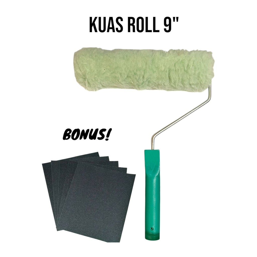 Kuas Roll Cat Tembok 9" inch Gagang Warna Hijau Orange Bonus Amplas Kertas/ Roll Cat / Roller Cat Te