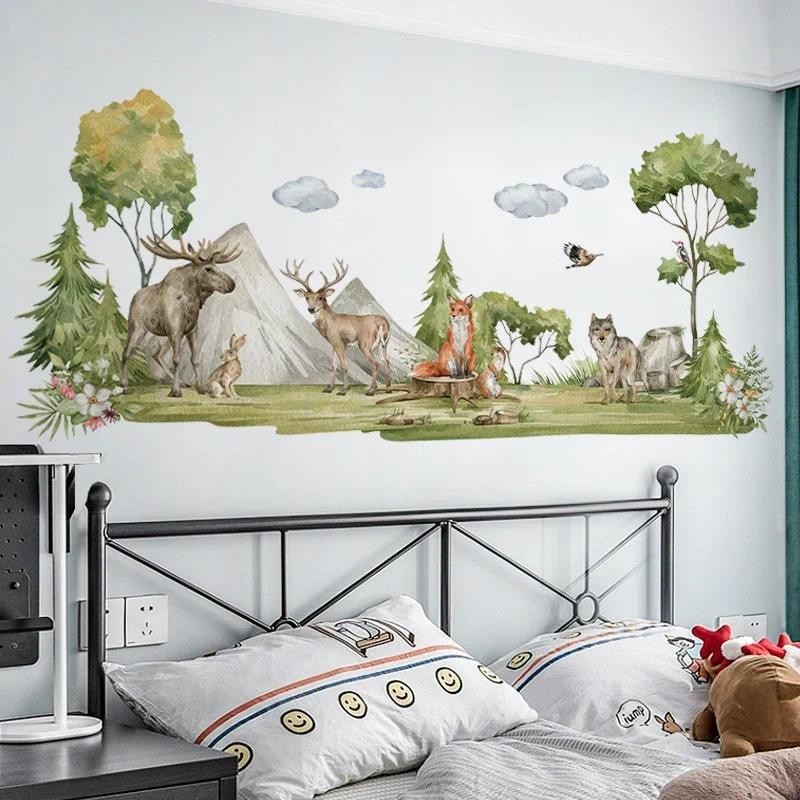 

Mountains and Tree Forest Animals Deer Fox Self-Adhesive Wall Stickers for Kids Rooms Wall Decor Baby Children Sticker Wallpaper