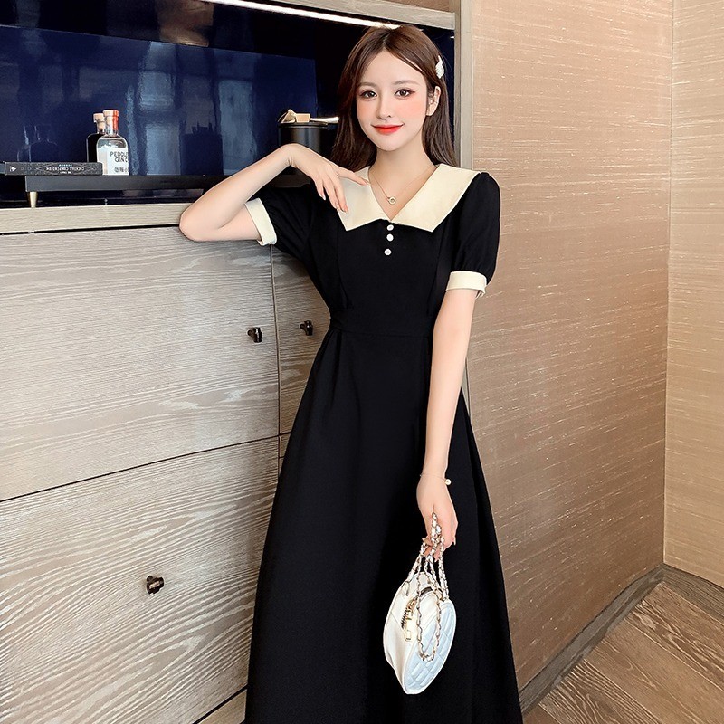 gaun gereja remaja Dress prancis vintage gaun lengan pendek kerah boneka dress formal dress vintage 