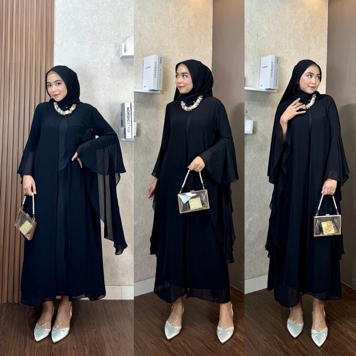 Ameena Abaya Outer Set Inner Ceruty Polos Burgundi Adem Folwy Wanita Muslimah  Dress Gamis Mewah Pes