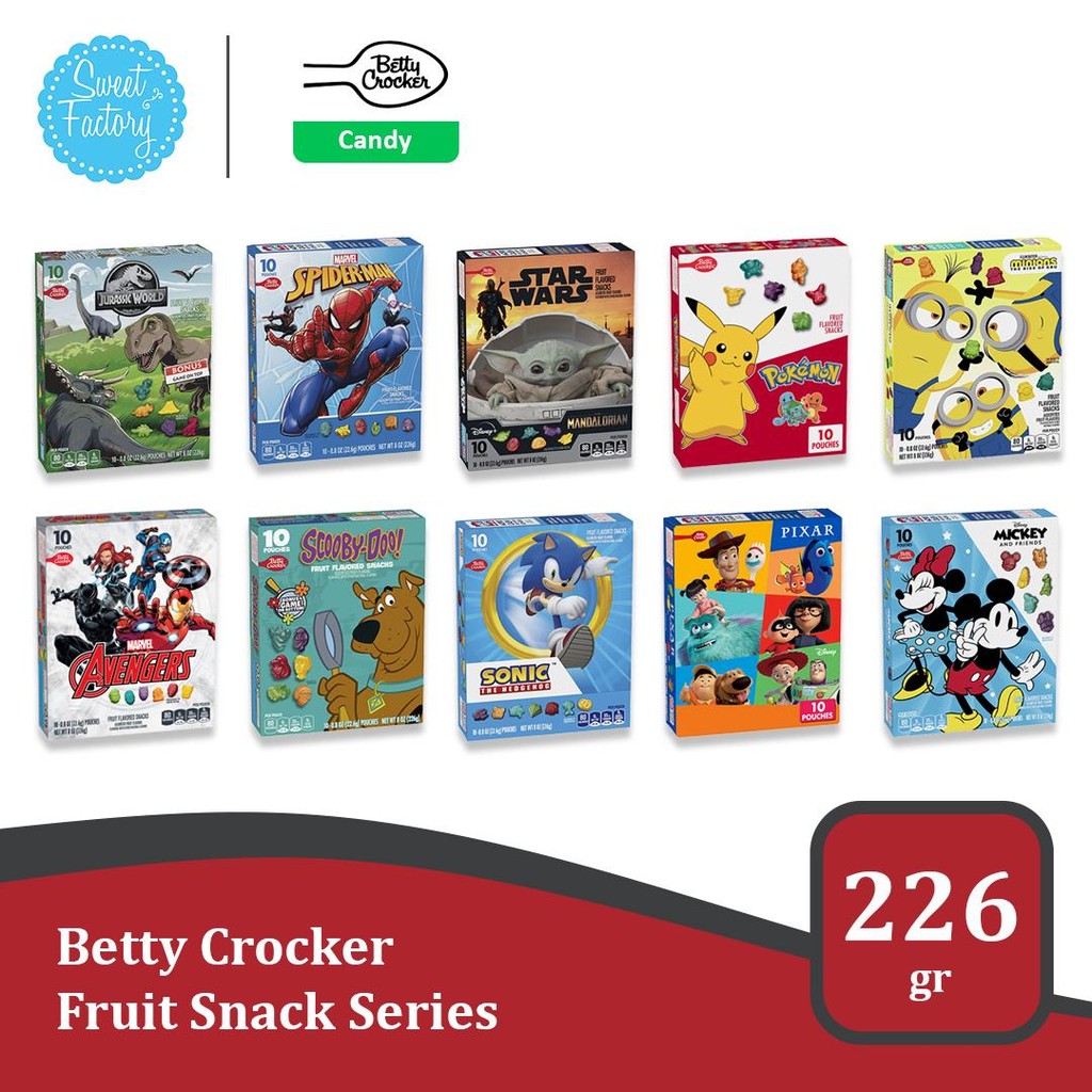 

Betty Crocker Fruit Snacks 226gr / 8 oz – Gummy Buah Karakter Kartun Favorit (Isi 10 Pack)