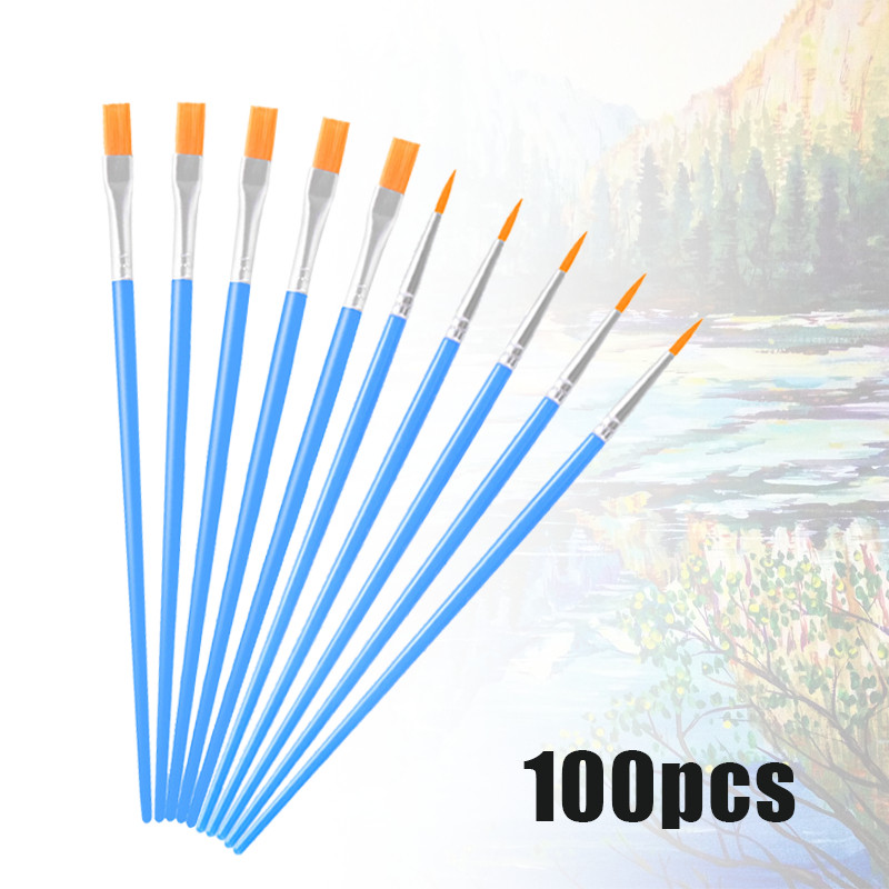 

100 Pcs Kuas Lukis Flat Kuas Nylon Datar Kuas Lukis Ujung Pointed Dan Flat Kuas Cat Acrylic Kuas Artist Paint Brush