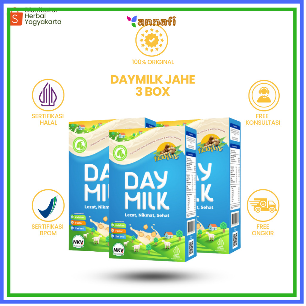 

Daymilk Rasa Jahe - Susu Kambing Etawa Untuk Tulang , Sendi , Pernafasan & Jantung - 3 BOX