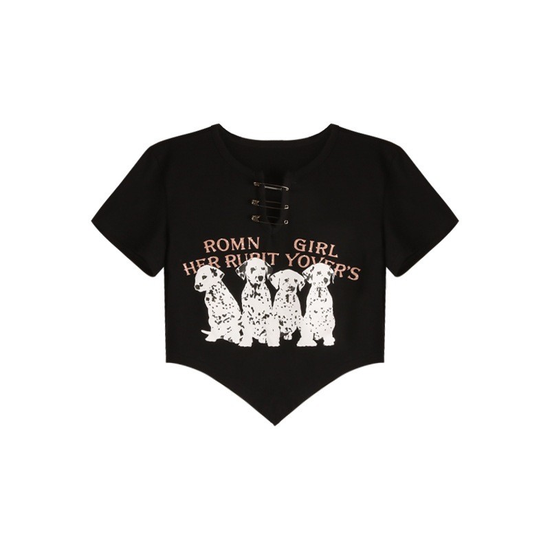 PINKY BJ391 Baju Kaos Croptop Sexy Motif Print V-Neck Lengan Pendek Korean Style