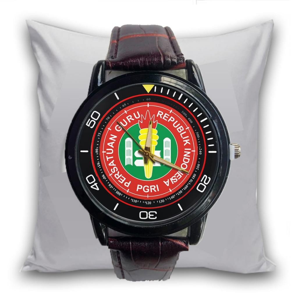 Jam Tangan Pria PGRI GURU LOGO Kulit Coklat Formal Bisnis Formal Analog Custom Keren