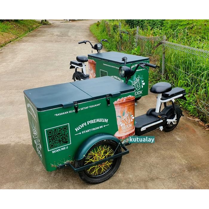 Custom Gerobak Sepeda Listrik untuk Kopi Keliling Es Starling Makanan Minuman Bahan Plat Besi Kokoh 