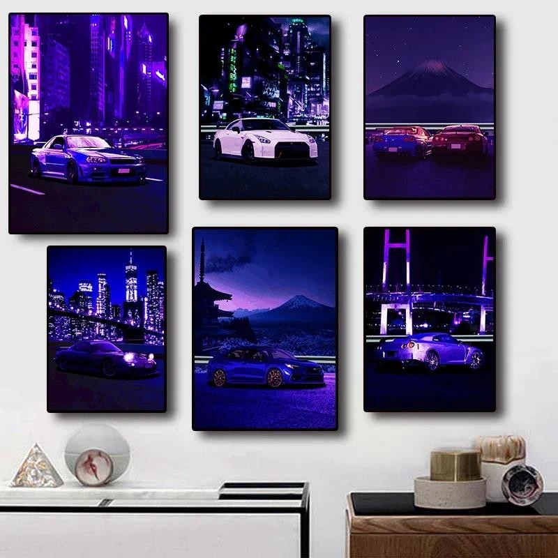 

Neon Car Poster Aesthetics Racing Night Moon City Sport Car Canvas Painting Posters and Prints for Living Room Decoration