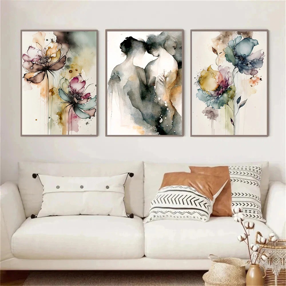 

Watercolor Romantic Couple and Flowers Celebration of Love Poster Canvas Painting Wall Art Pictures Home Bedroom Decor
