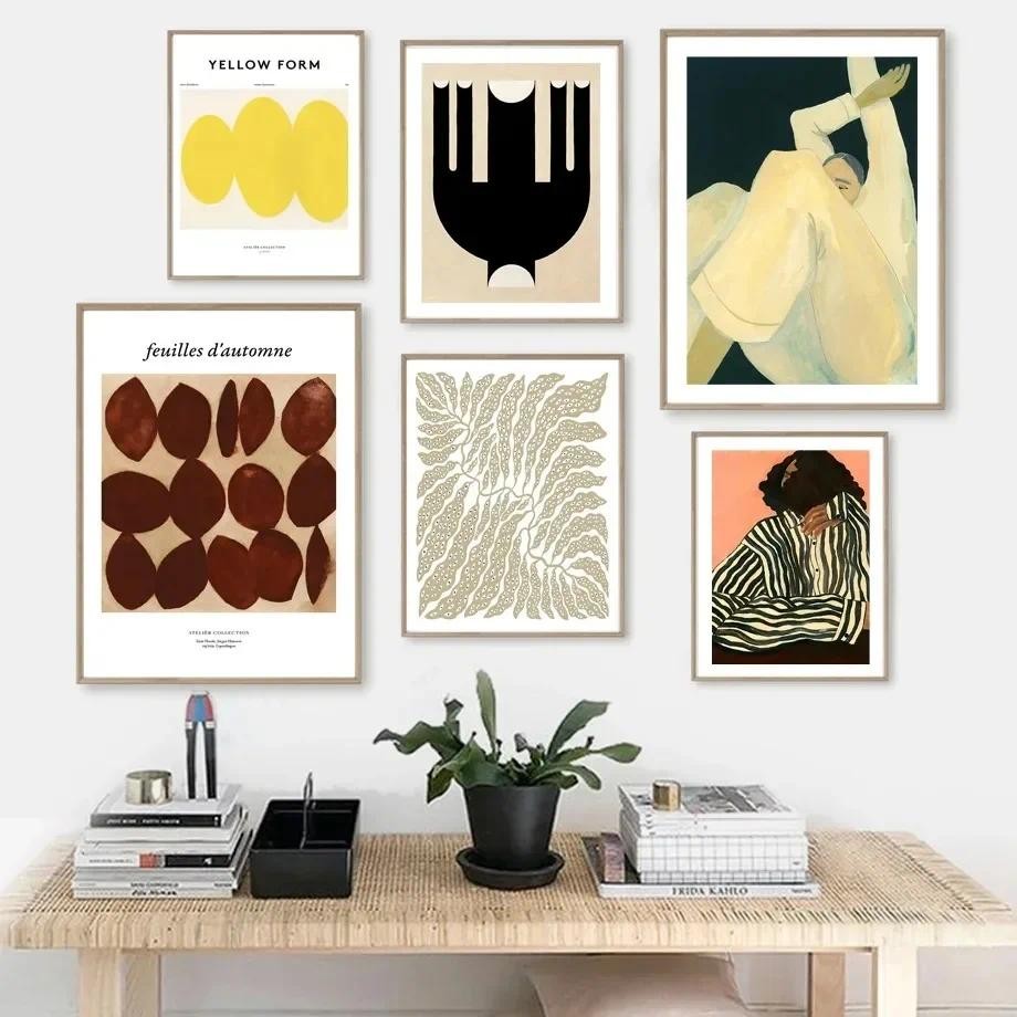 

Girl Curve Geometry Leaves Nordic Posters Wall Art Canvas Painting Abstract Lines and Prints Living Room Decor