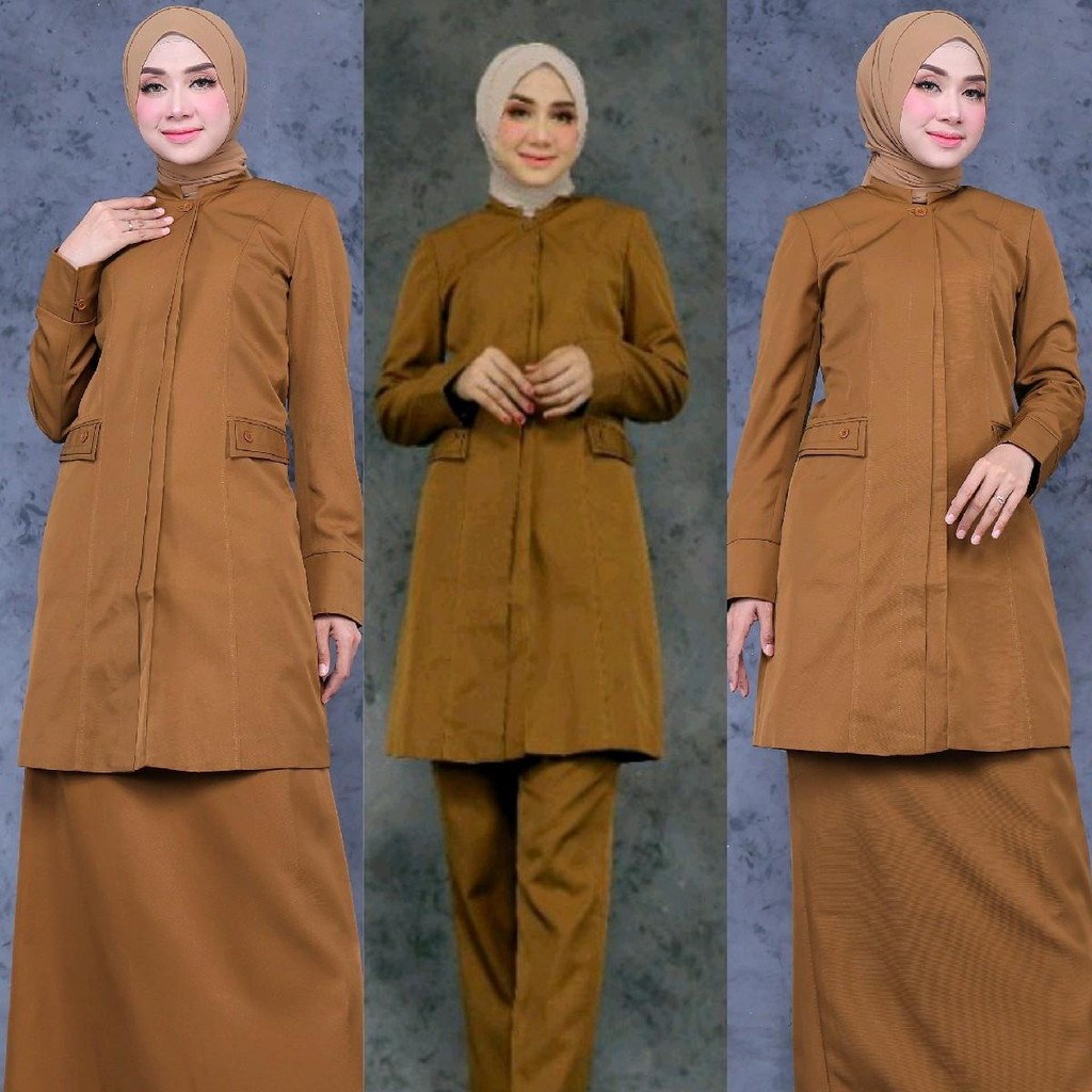 Seragam Tunik pemda khaky tua polos model Lis Miring setelan Rok.A/Celana Panjang/Rok Span  bahan ka