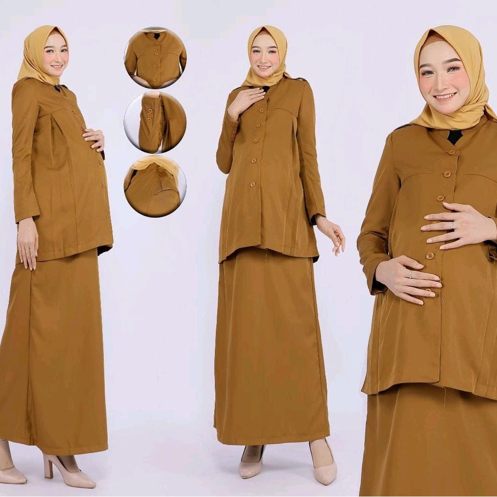 Baju Hamil Seragam Dinas Pemda Wanita Khaki Tua Setelan Rok Span Tangan Panjang bahan katun  FREE HI
