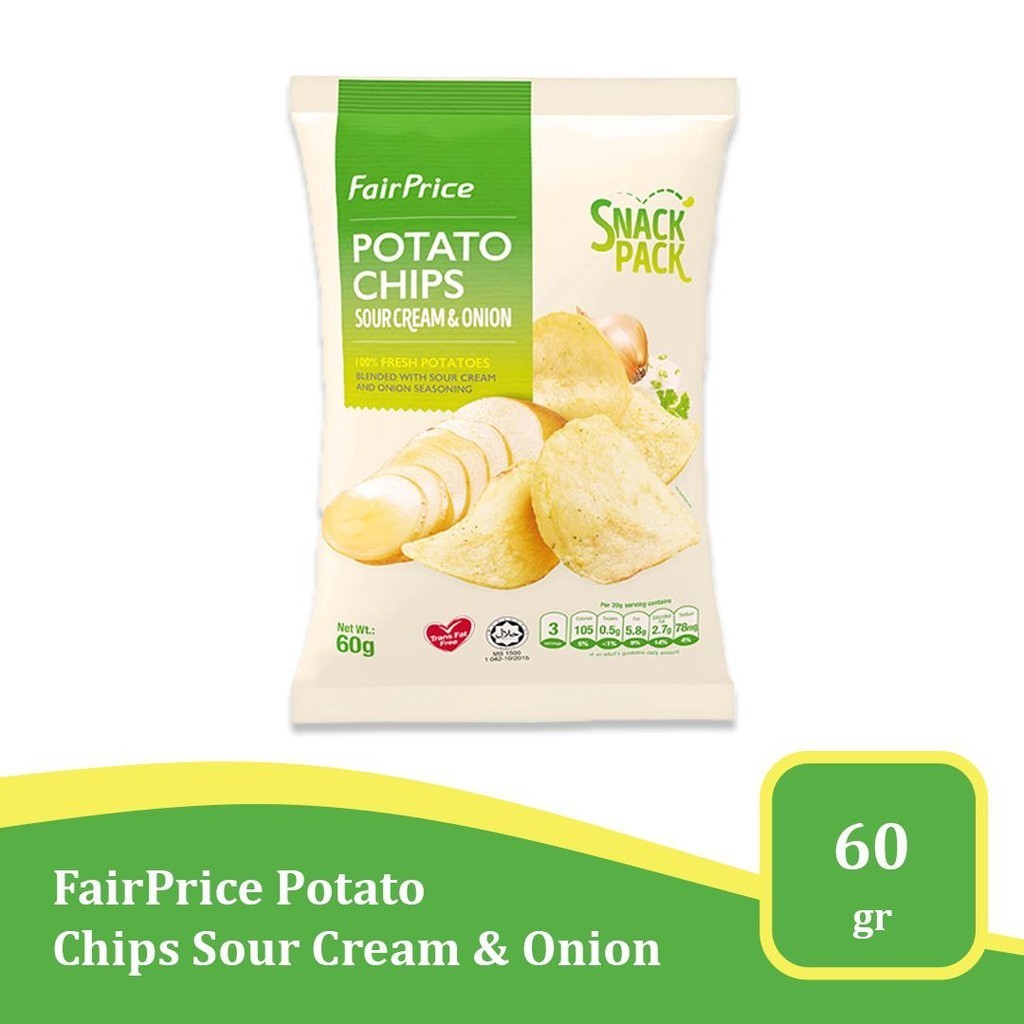 

FairPrice Potato Chips Sour Cream & Onion 60g – Keripik Kentang Gurih Import USA