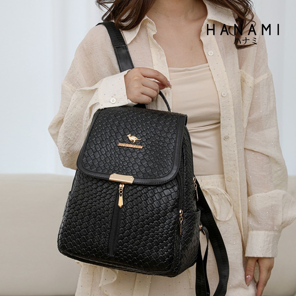 HANAMI Tas Ransel TA1133B5 Hitam Remaja Sekolah Kulit Kekinian Fashion Murah Wanita Mirena Kerja Kor