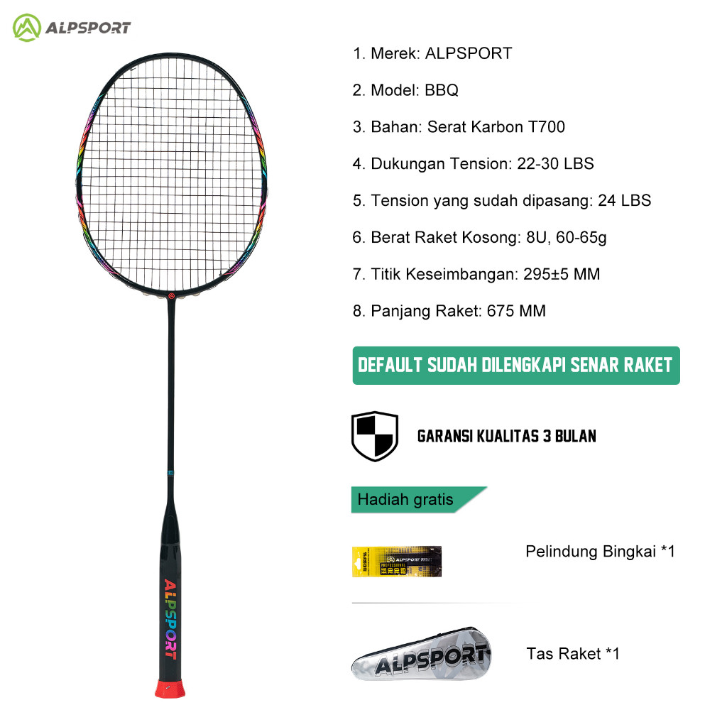 ALPSPORT BBQ2.0 Cincin Penyerap Guncangan Nilon + Bingkai Pelangi 8U G5 30Lbs Raket Bulutangkis Ofen