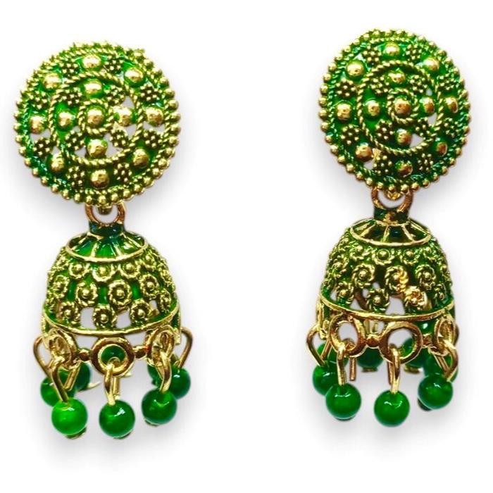 Anting Import Khas India, Multicolour Jhumka Model Lonceng Bulat Etnik, Tipe Tusuk Earrings - Hijau