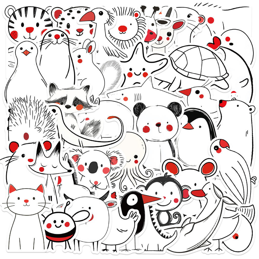 

50pcs Cartoon Black And White Simple Drawing Animals Stickers Cute Picture Animal Decals DIY Phone Notebook Fridge Laptop Gift