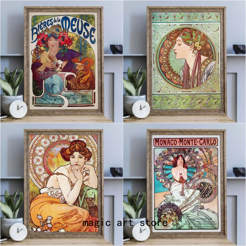 Vintage Art Alphonse Mucha Nouveau French Illustration Drinking Posters Canvas Painting Wall Prints 