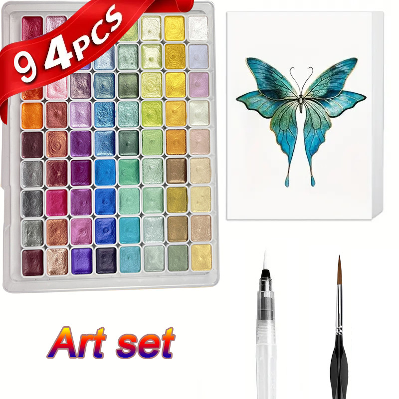 

94pcs Professional Watercolor Paint Set, 72 Colors Sparkle Pearlescent Solid High Pigment, with 2pcs Different Paint Brushes