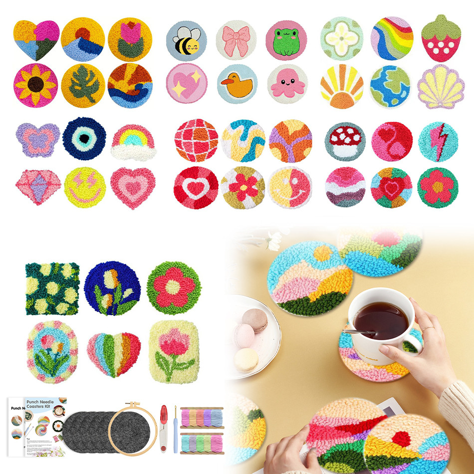 

RUOPOTY Punch Needle Coaster Set Cartoon Easy Picture 6pcs Diy Crafts Embroidery And Creativity Cute Coaster Wool Poke Magic Kit