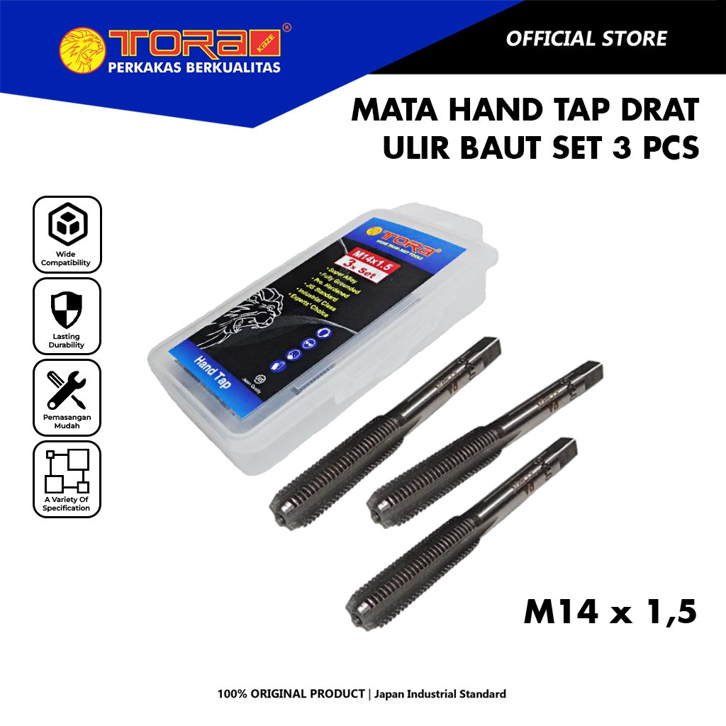 TORA Mata Tap Ulir Baut Set 3 Pcs M14 x 1,5 - Hand Tap Drat Baut Rusak Dol Set - Pelubang Baja Besi