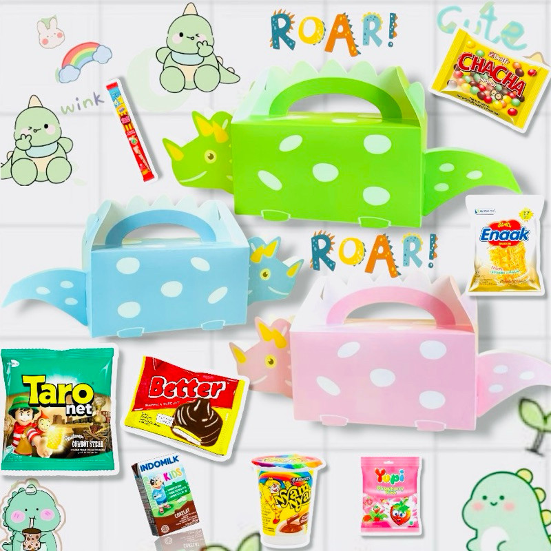 

(Yunita) Paper Bag Box Kotak Kemasan Souvenir Permen Cokelat Motif Dino Anak Gable Box Dino Gaoodie Box Tenteng Dino Anak Ulta