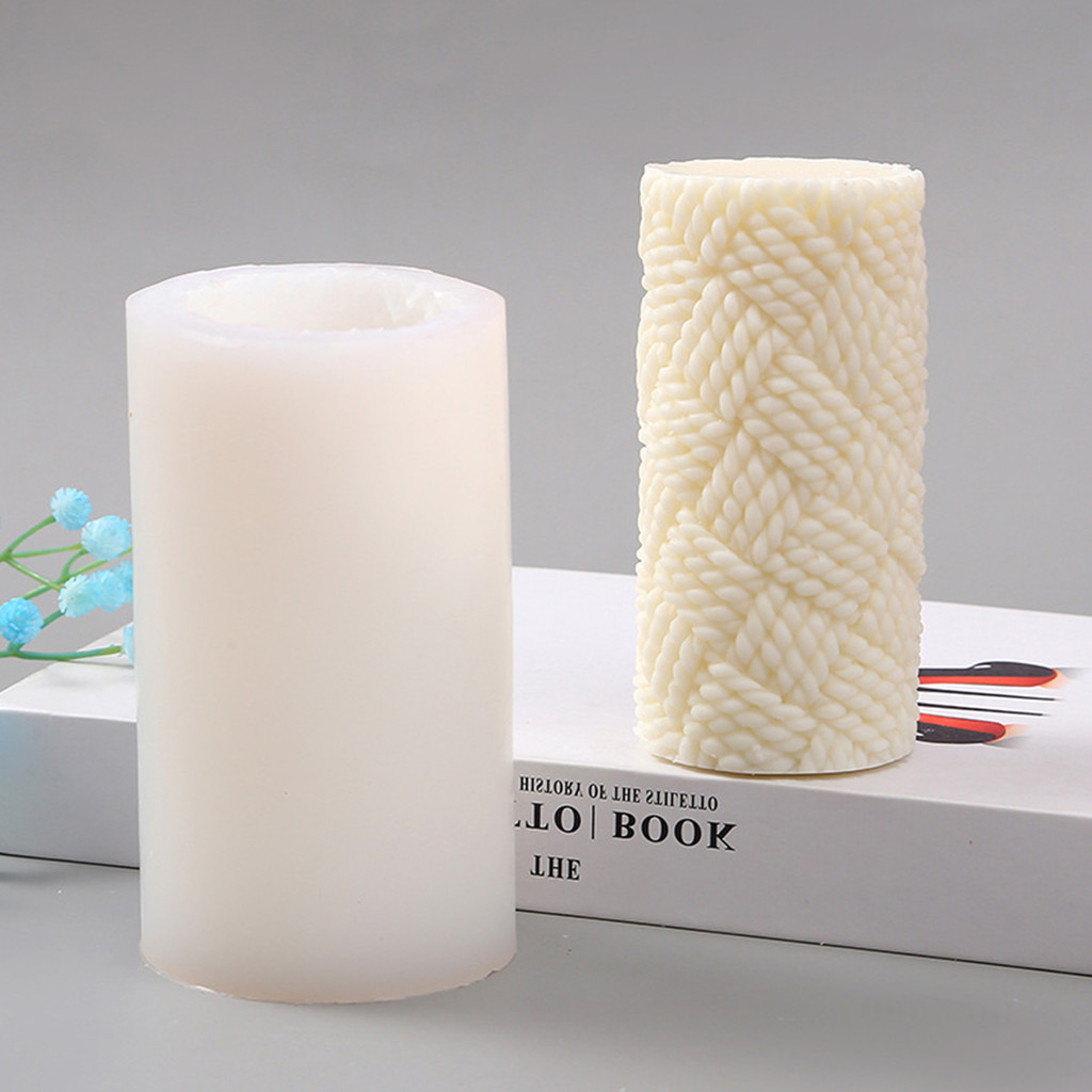 

A DIY cylindrical silicone mold with knitted pattern for making a three-dimensional scented candle, gypsum home decor accessory.