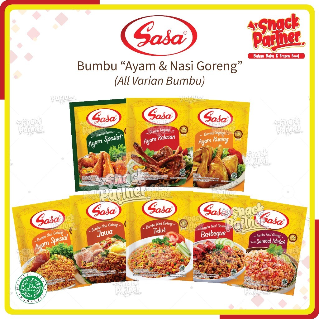 

SASA - BUMBU MASAK @ Sachet - Indonesia Instant Spices - Lumur Ayam Spesial Ungkep Kalasan Kuning Nasi Goreng NasGor Special Jawa Telur Telor BBQ Barbeque Sambal Matah