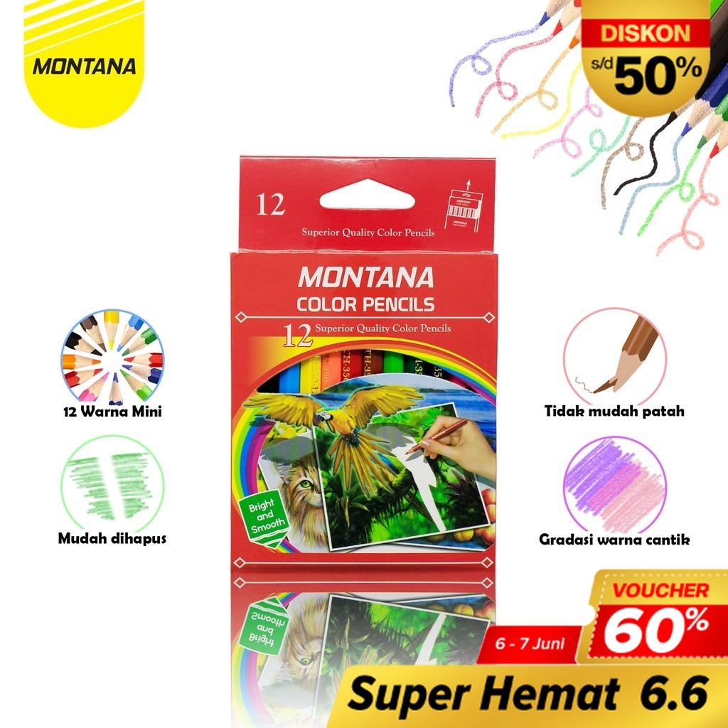 

MONTANA Pensil Warna Superior Quality 12 Colored Pencils Long Lasting Bright Color TH-350