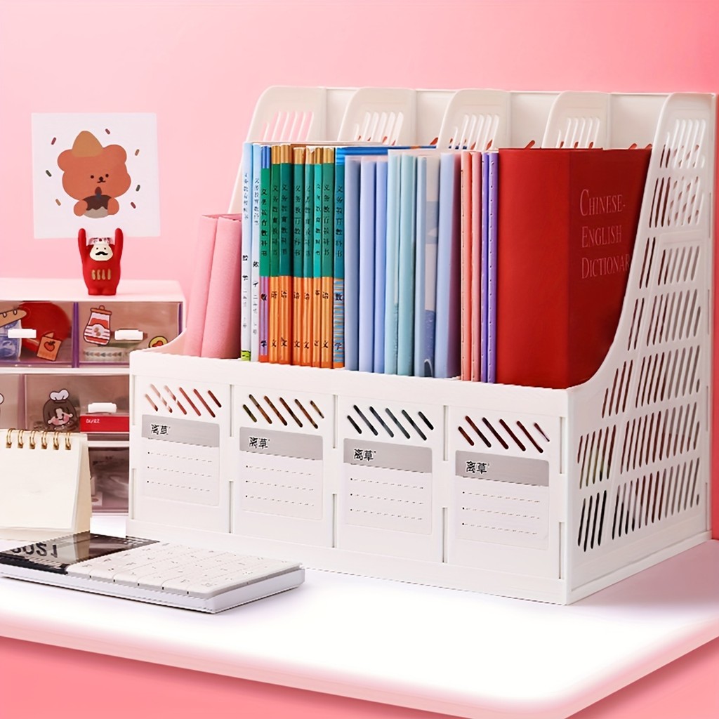 

File Rack, Desktop Storage Box, Vertical Plastic File Frame, Combination File Column, Four-Link Bookend Office Supplies, with Label