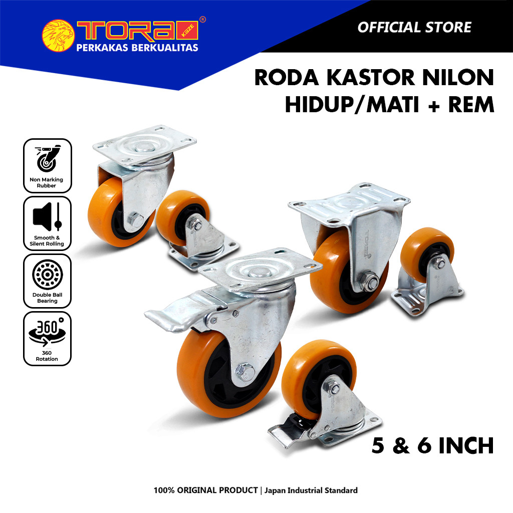 TORA Roda Kastor Nilon 5 & 6 Inch Hidup/Mati + Rem Orange - Roda troli Nylon Furniture Troly Etalase