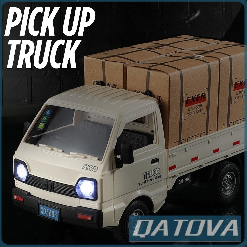 QATOVA Mobil Pick Up Mainan Anak Remote Control Pintu Knalpot Berasap Berlampu Baterai Cas