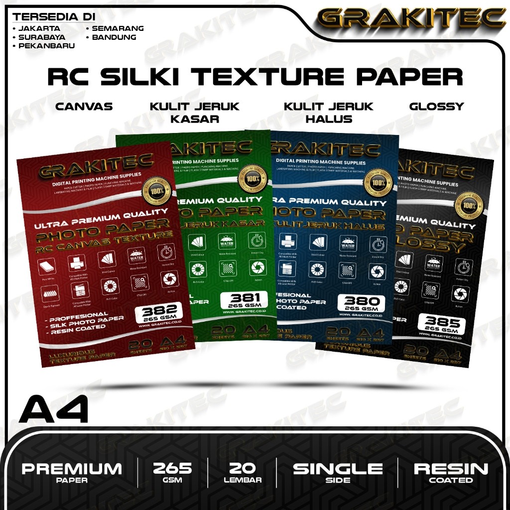 

Kertas Foto Silki Texture A4 Professional Silki, Glossy Photo Paper 265 A4, Motif Kulit Jeruk Halus, Canvas, Kulit Jeruk Kasar/ Luster Resin Coated