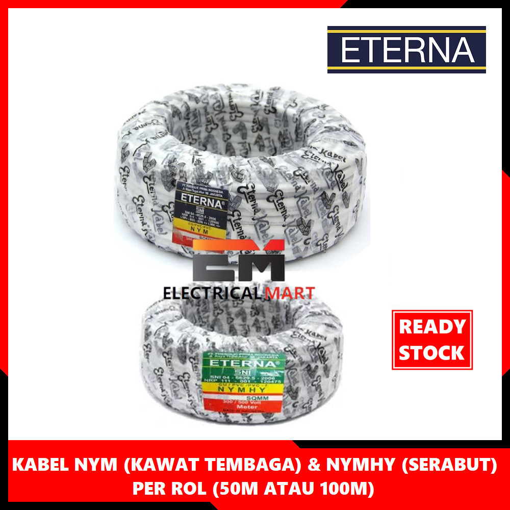 Eterna Kabel Per Rol NYM (Kawat Tembaga) 2 x 1.5mm 2.5mm 3 x 1.5 2.5 mm & NYMHY (Serabut) 2 x 0.75mm