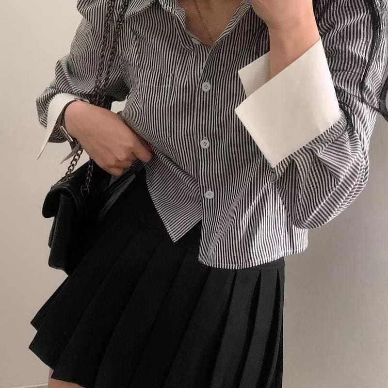 KEKINIAN - ZER KEMEJA CROP ADRIANA SALUR KOMBINASI WARNA LENGAN PANJANG KERAH BAJU KANTORAN / Atasan