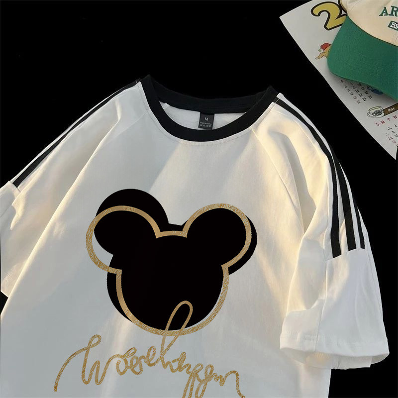 Po floret Kaos Wanita Kekinian Lengan Pendek Disney Mickey Mouse Print Three Bergaris Bahu Kaos Long